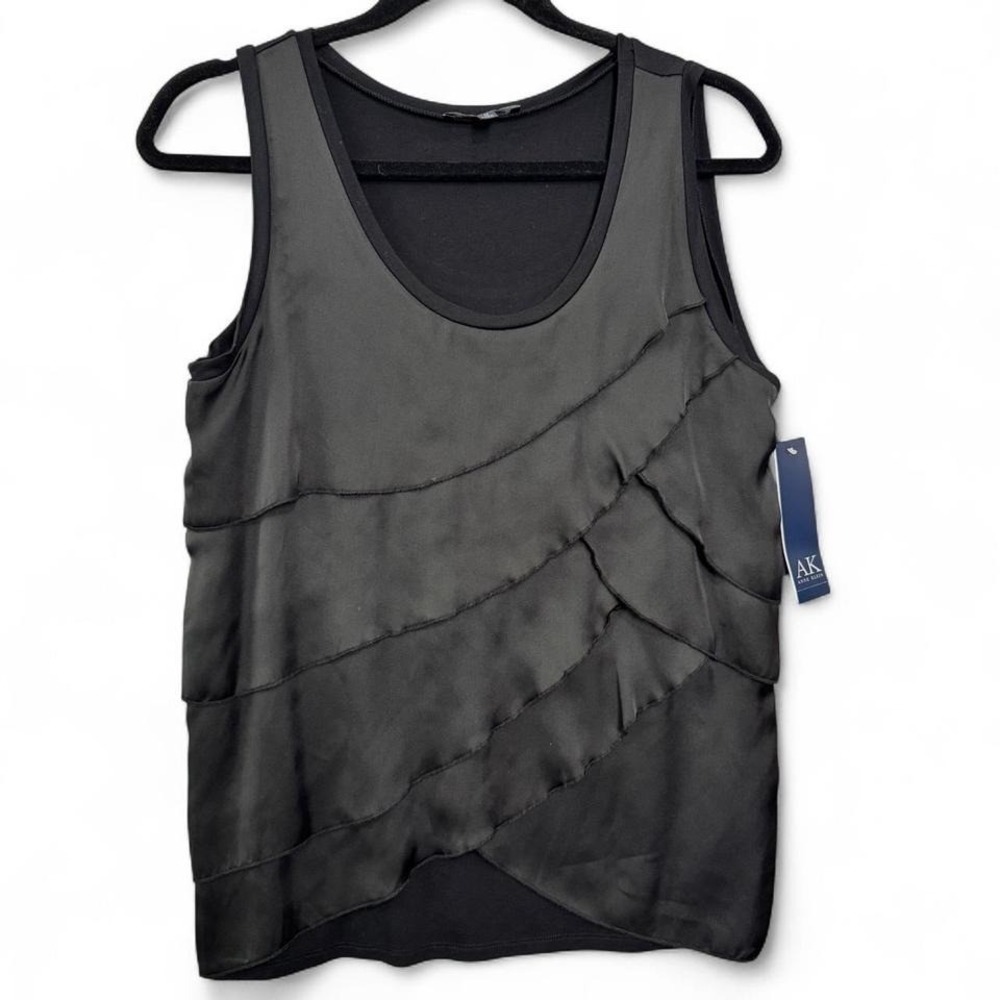Anne Klein AK Black Layered‎ Ruffle Sleeveless Blouse Top NWT Size M Career Chic